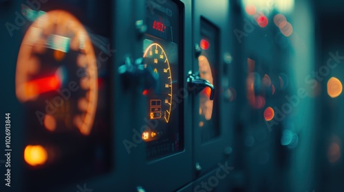 Close-up of an aircraft cockpit control panel with glowing gauges and indicators.