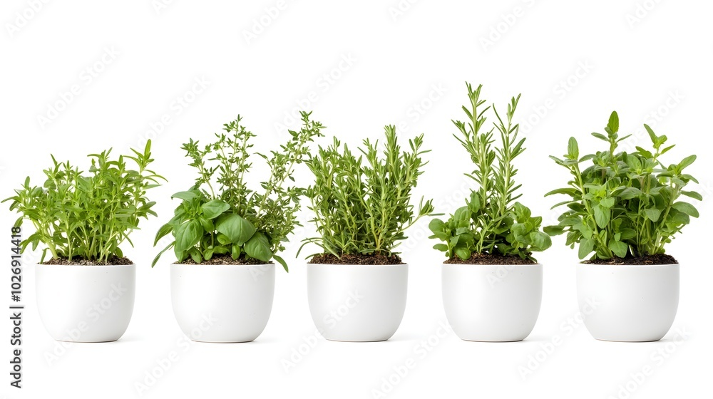 Fresh Herbs in White Pots Isolated on White Background Fresh Herbs in White Pots Isolated on White Background