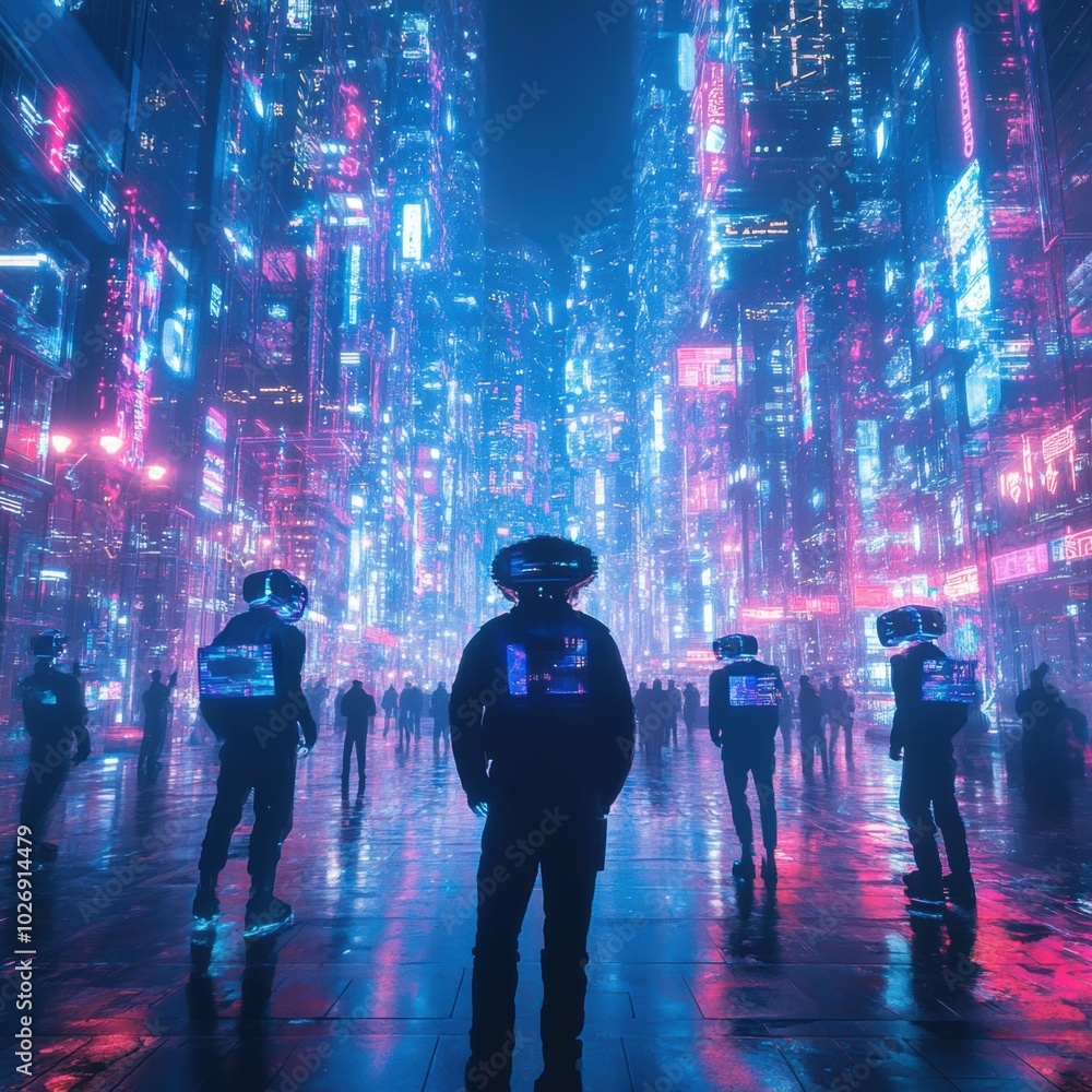 Fototapeta premium Futuristic Metaverse City with People Interacting