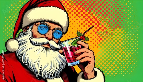 pop art santa holding a drink colorful glasses on a halftone dot background