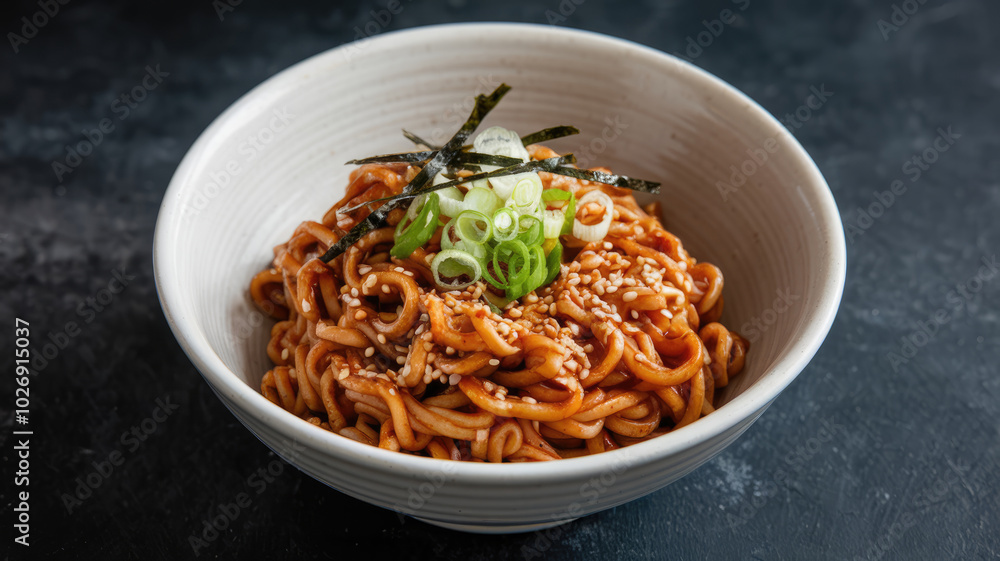 A bowl of noodles with green onions and sesame seeds. The bowl is white and the noodles are red A bowl of noodles with green onions and sesame seeds. The bowl is white and the noodles are red