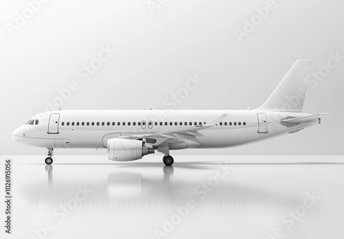 A white passenger airplane on a white background, viewed from the side.