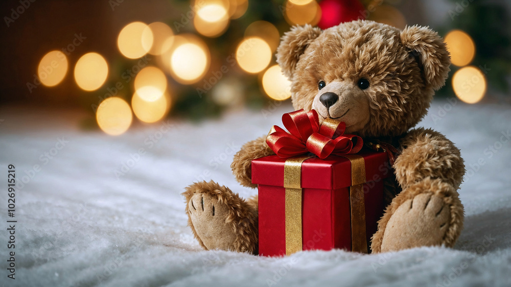 Teddy bear and gift box on Christmas Day Teddy bear and gift box on Christmas Day