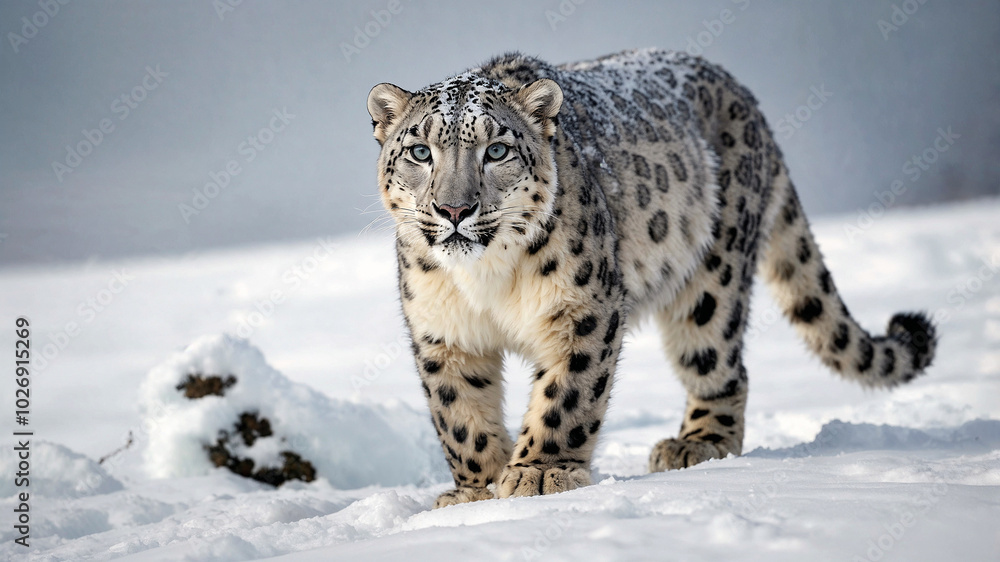 Tian Shan Snow Leopard (Panthera uncia tienshanensis): A majestic and elusive subspecies, snow leopard on the snow Tian Shan Snow Leopard (Panthera uncia tienshanensis): A majestic and elusive subspecies, snow leopard on the snow