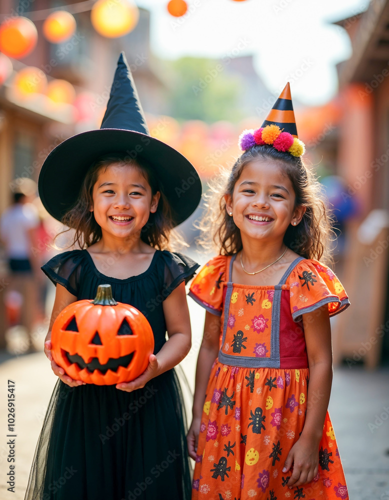 Happy Little Witch with an Evil Pumpkin at a Halloween Party Happy Little Witch with an Evil Pumpkin at a Halloween Party