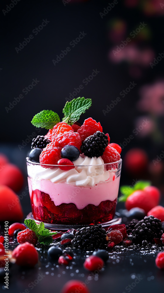 A delicious berry parfait with layers of creamy yogurt, fresh raspberries, blackberries, and blueberries, garnished with mint leaves. A delicious berry parfait with layers of creamy yogurt, fresh raspberries, blackberries, and blueberries, garnished with mint leaves.