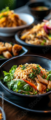 A colorful display of delicious, freshly-prepared Asian dishes served in black bowls on a wooden table, showcasing a variety of ingredients.