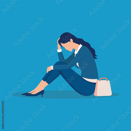 A troubled young business woman sit on ground isolated flat vector illustration