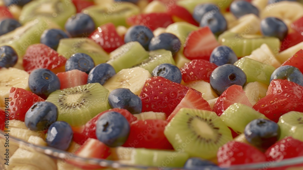 A Close-up View of a Colorful Fruit Salad with Strawberries, Kiwi, Bananas, and Blueberries A Close-up View of a Colorful Fruit Salad with Strawberries, Kiwi, Bananas, and Blueberries