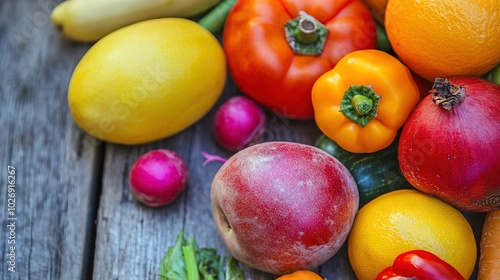 Close-up of vibrant fresh vegetables and fruits on wooden table, symbolizing healthy blood pressure foods, emphasizing natural nutrition and wellness.