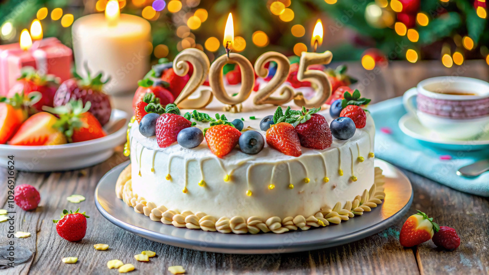 beautiful cake celebrating the arrival of 2025, with candles illuminating the sweet treat delicious and visually stunning cake, perfect for Happy birthday wish celebrat beautiful cake celebrating the arrival of 2025, with candles illuminating the sweet treat delicious and visually stunning cake, perfect for Happy birthday wish celebrat
