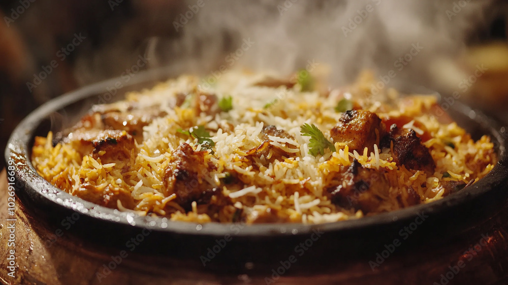 Aromatic biryani served in a traditional pot, showcasing spices and tender meat in a warm setting Aromatic biryani served in a traditional pot, showcasing spices and tender meat in a warm setting