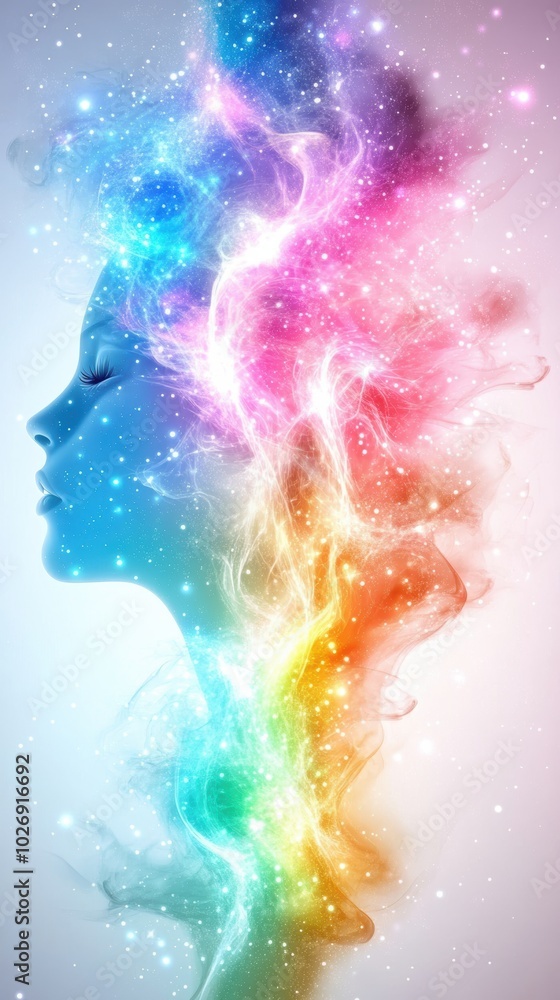 Obraz premium A vibrant, colorful silhouette of a woman blending with cosmic elements, showcasing creativity and ethereal beauty.