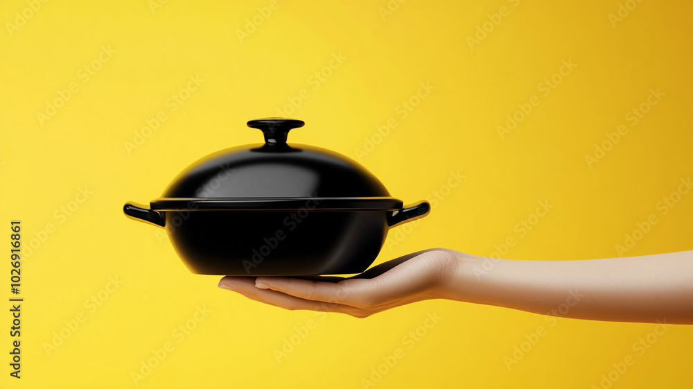 A hand holds a black cooking pot against a bright yellow background in a modern kitchen A hand holds a black cooking pot against a bright yellow background in a modern kitchen
