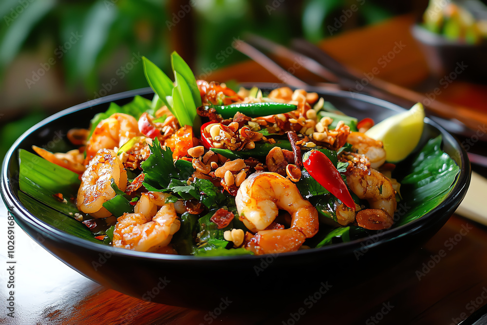 Delicious shrimp salad with fresh herbs, nuts, chili, and lime served in a black bowl on a wooden table. Delicious shrimp salad with fresh herbs, nuts, chili, and lime served in a black bowl on a wooden table.