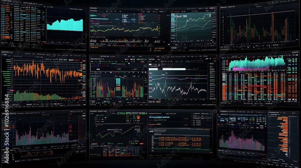Fototapeta premium Stock trading interface displaying multiple charts and financial data across several windows