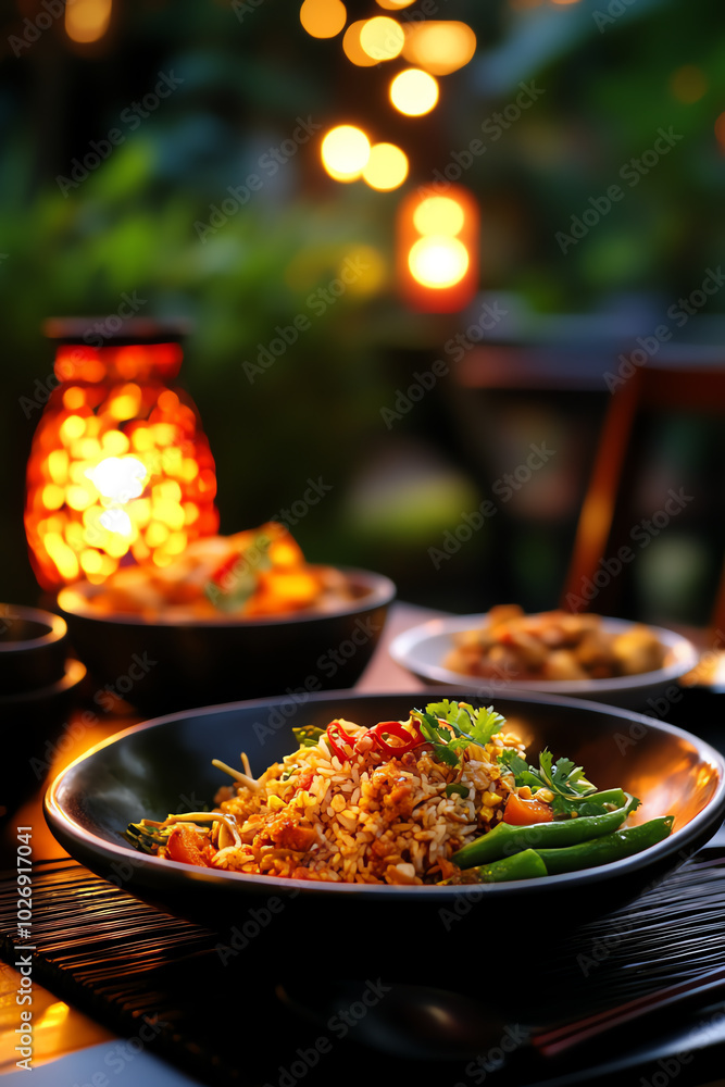 Delicious Thai noodle dish served outdoors with a beautiful bokeh background of warm lights and greenery. Delicious Thai noodle dish served outdoors with a beautiful bokeh background of warm lights and greenery.