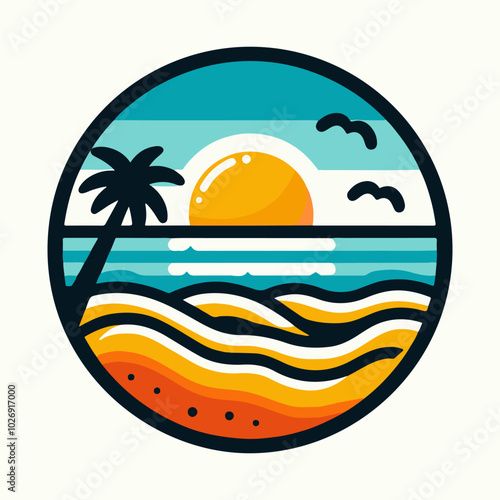 Colorful Tropical Beach Scene with Palm Tree Sun and Birds for Logo and T-Shirt Design