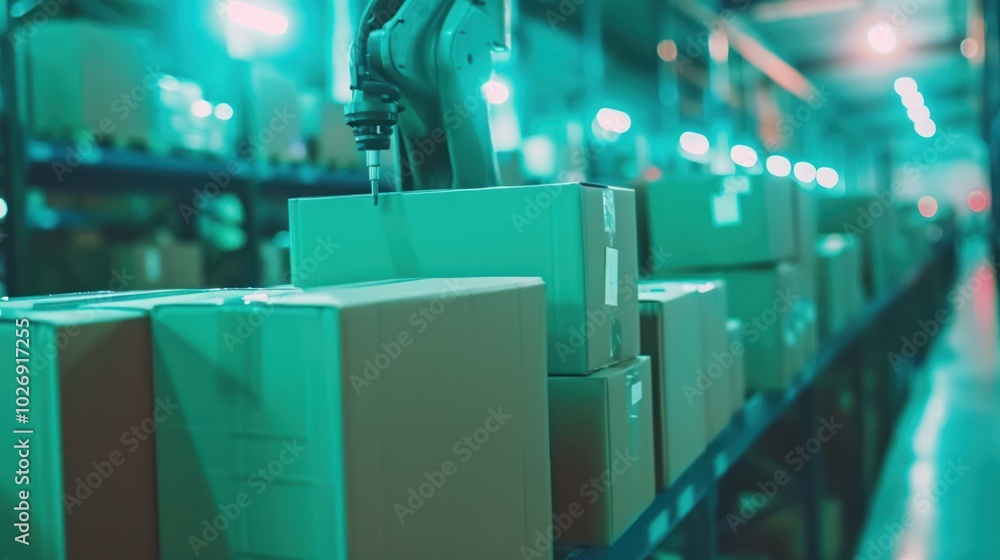 Robotic Arm Placing Cardboard Boxes on a Shelf in a Warehouse Robotic Arm Placing Cardboard Boxes on a Shelf in a Warehouse