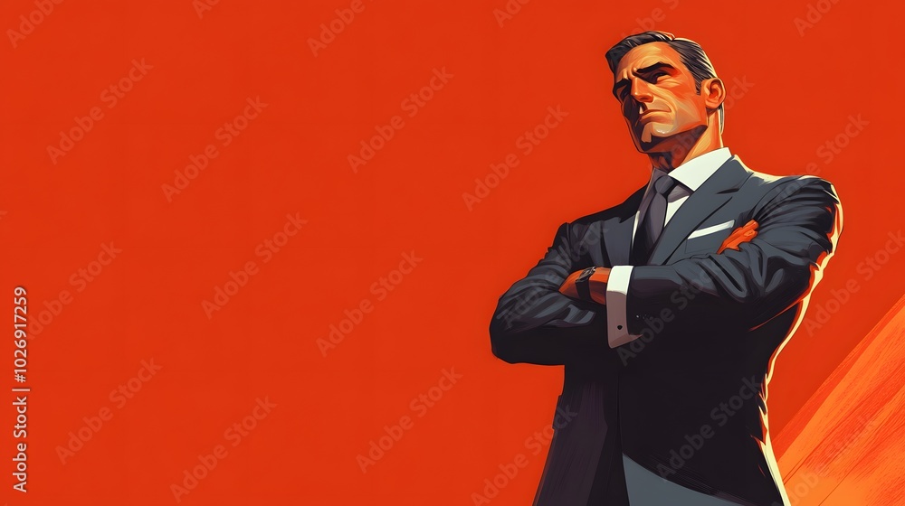 A man in a suit with arms crossed, standing in front of an orange background A man in a suit with arms crossed, standing in front of an orange background