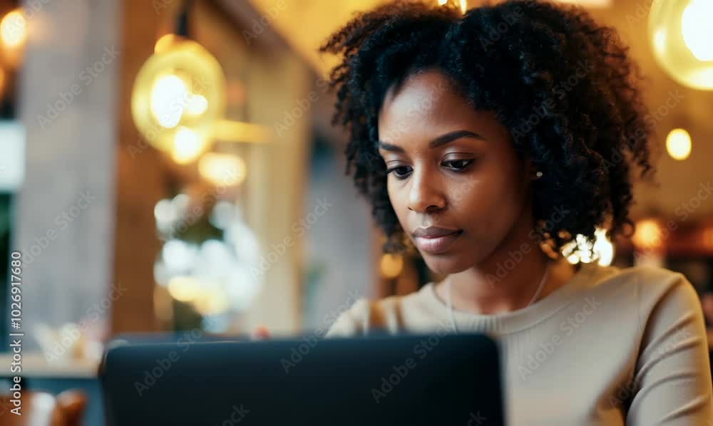 Jamaican Woman Working on Laptop in Cozy Cafe Jamaican Woman Working on Laptop in Cozy Cafe