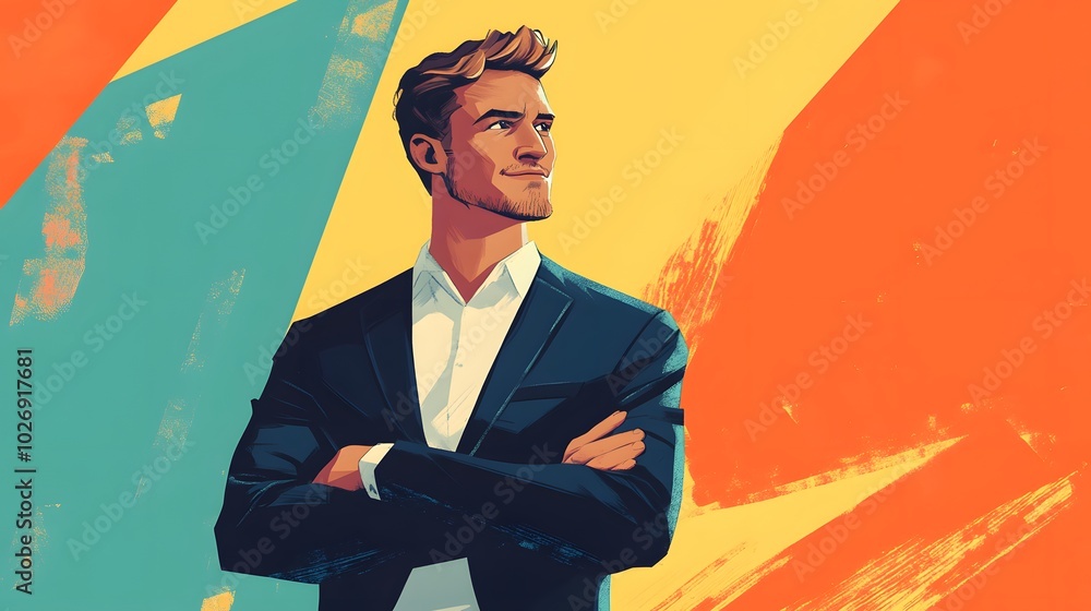 Portrait of a Confident Man in a Blue Suit Against a Colorful Abstract Background Portrait of a Confident Man in a Blue Suit Against a Colorful Abstract Background