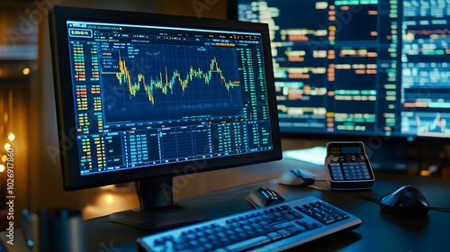 Desktop with stock trading platform open displaying fluctuating market data and trading volumes photo