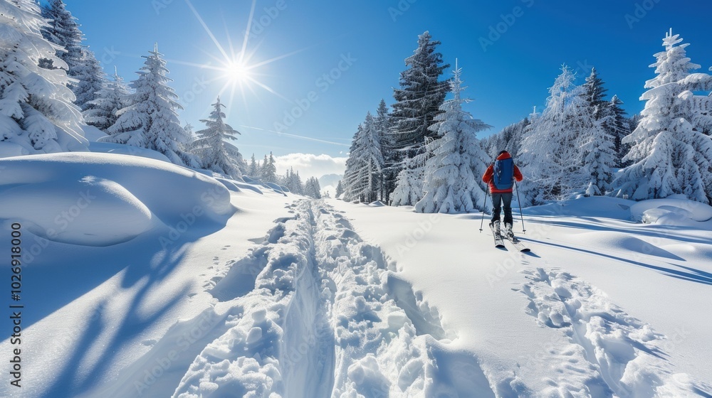 Skier Navigating Through Deep Snow on a Clear Day Skier Navigating Through Deep Snow on a Clear Day