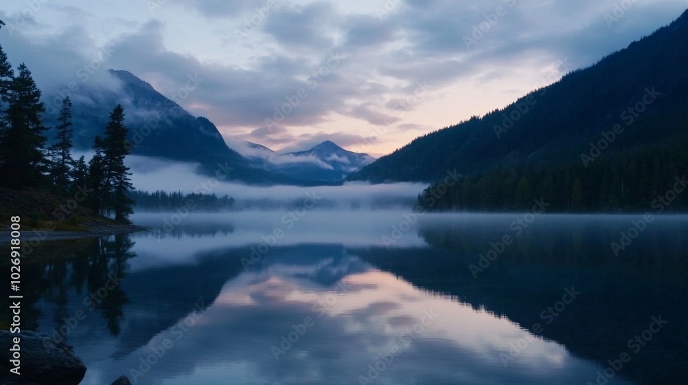 Serene Reflection: Mystical Mountain Lake at Dusk Serene Reflection: Mystical Mountain Lake at Dusk