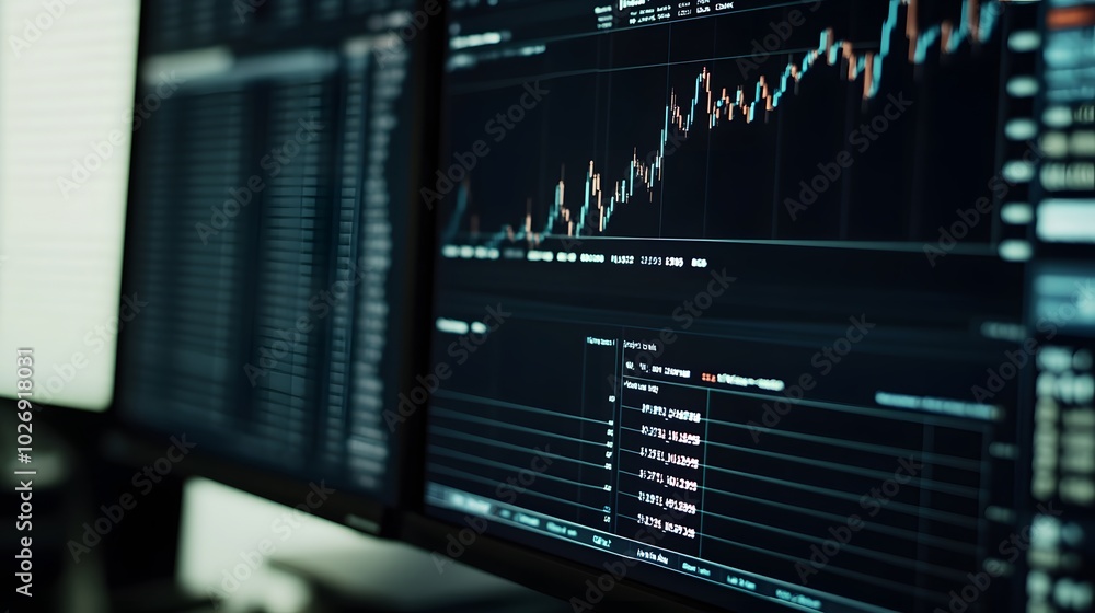 Financial trading software on a desktop monitor showing stock graphs and market trends Financial trading software on a desktop monitor showing stock graphs and market trends