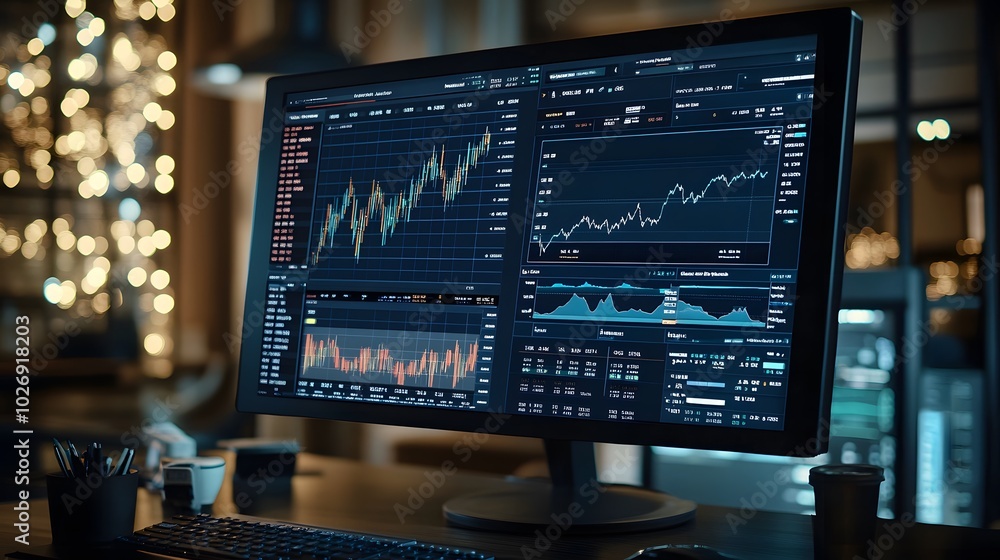 Financial trading dashboard with graphs and stock quotes shown on a widescreen computer Financial trading dashboard with graphs and stock quotes shown on a widescreen computer