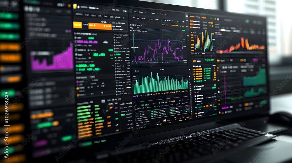 Financial trading dashboard with graphs and stock quotes shown on a widescreen computer Financial trading dashboard with graphs and stock quotes shown on a widescreen computer