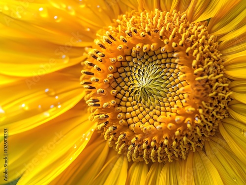 Close-up of a vibrant yellow sunflower with water droplets on the petals, showcasing the intricate details of the center.