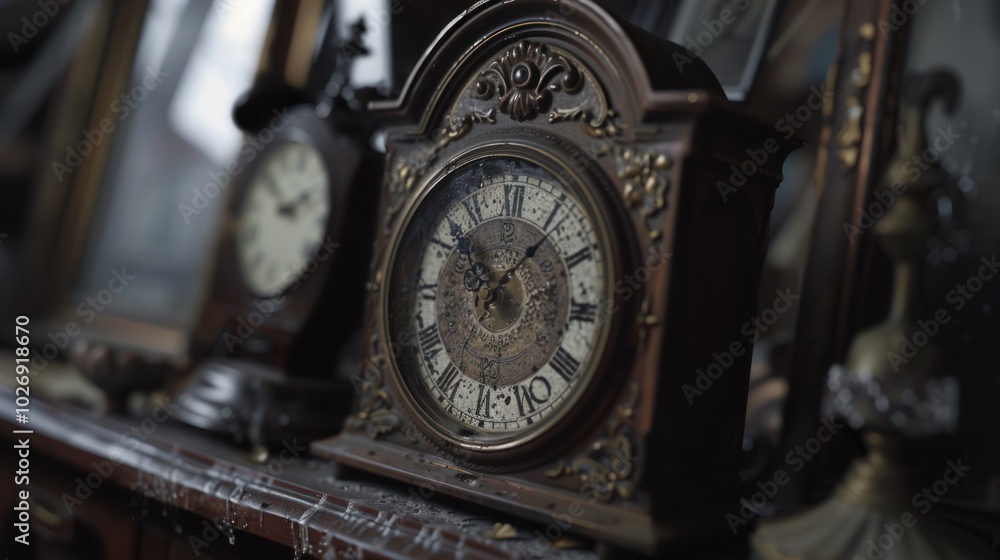 An ornate antique clock on a dusty mantle An ornate antique clock on a dusty mantle
