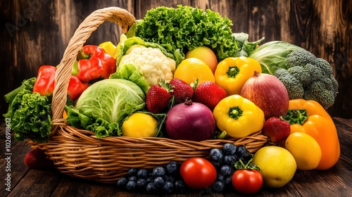 Close-up of vibrant fresh vegetables and fruits on wooden table, symbolizing healthy blood pressure foods, emphasizing natural nutrition and wellness.