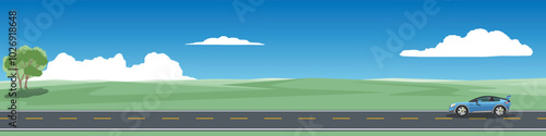Travels of sport car with driving for banner. Asphalt road near the meadow with green hills under clear sky. Tree growing alone in the corner. Copy Space Flat Vector.