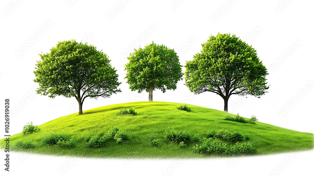 Fototapeta premium Lush Green Trees On A Grassy Hill isolated on a transparent background