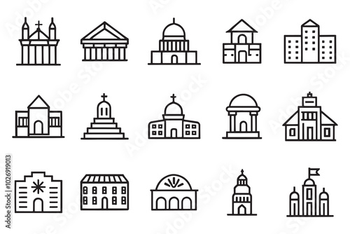 Urban architecture. State institutions, religious and cultural monuments related editable icon set isolated flat vector illustration white background.