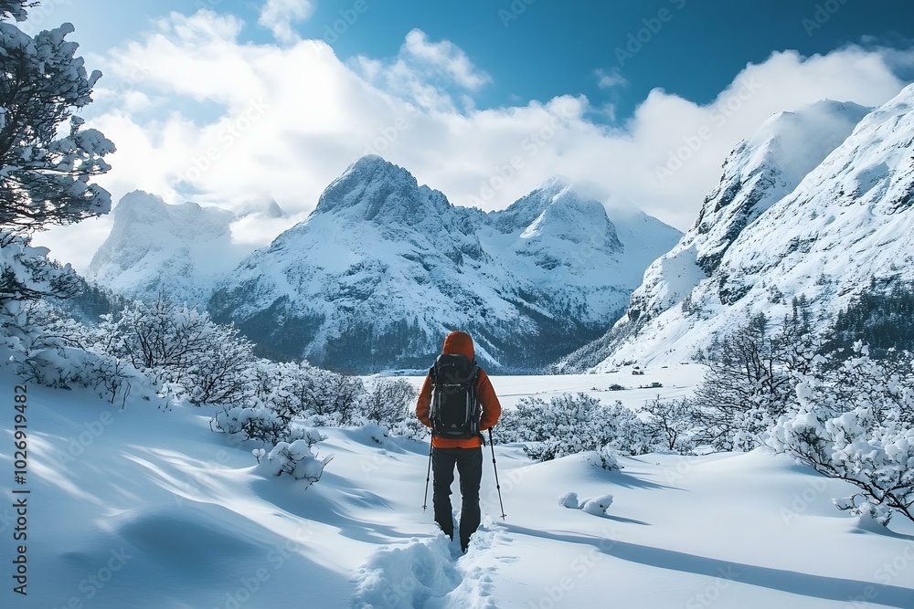 Majestic Winter Landscape: A Hiker's Journey Through Snow-Capped Mountains Majestic Winter Landscape: A Hiker's Journey Through Snow-Capped Mountains