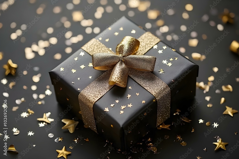 Elegant Gift Box with Golden Accents Surrounded by Festive Confetti Elegant Gift Box with Golden Accents Surrounded by Festive Confetti