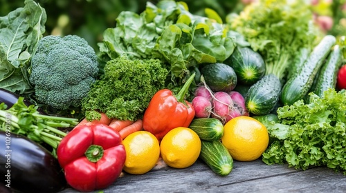 Close-up of vibrant fresh vegetables and fruits on wooden table, symbolizing healthy blood pressure foods, emphasizing natural nutrition and wellness.