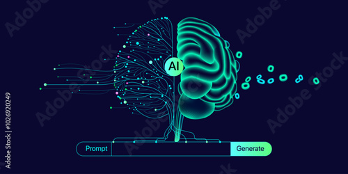 Illustration of abstract stream information. Generate image, video from prompt concept. Big data, technology, AI, data transfer, data flow, generative ai, large language model, ai brain background