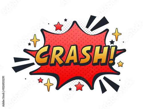 Red comic book explosion with text crash, pop art style