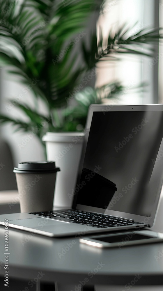Laptop, Coffee, and Palm Tree on Table Laptop, Coffee, and Palm Tree on Table