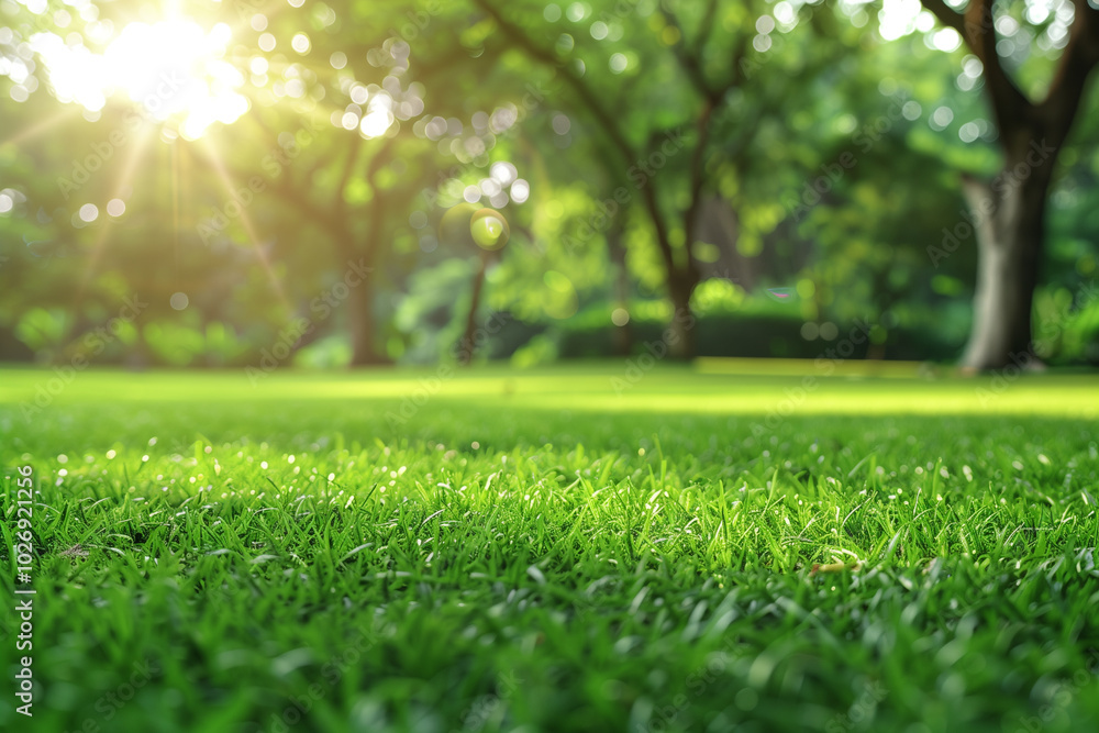  Natural grass field lawn background with blurred bokeh and sunlight