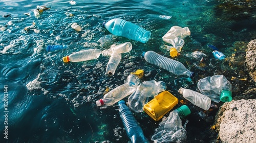 A disturbing scene of plastic waste floating in clear water, highlighting the urgent issue of pollution in our oceans. photo