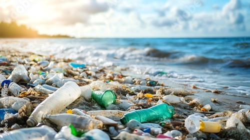 A polluted beach littered with plastic waste under a bright sky, highlighting the urgent environmental crisis of marine debris.