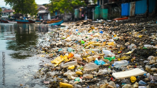 Wallpaper Mural A polluted riverbank cluttered with plastic waste and garbage, highlighting the environmental impact of pollution. Torontodigital.ca