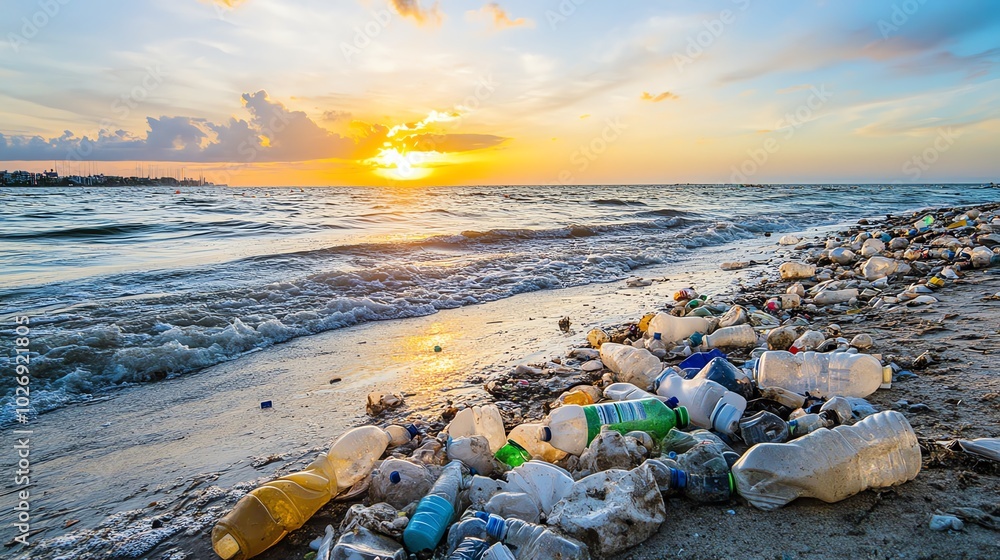 A stunning sunset over a beach littered with plastic bottles, highlighting environmental pollution and the need for clean oceans. A stunning sunset over a beach littered with plastic bottles, highlighting environmental pollution and the need for clean oceans.