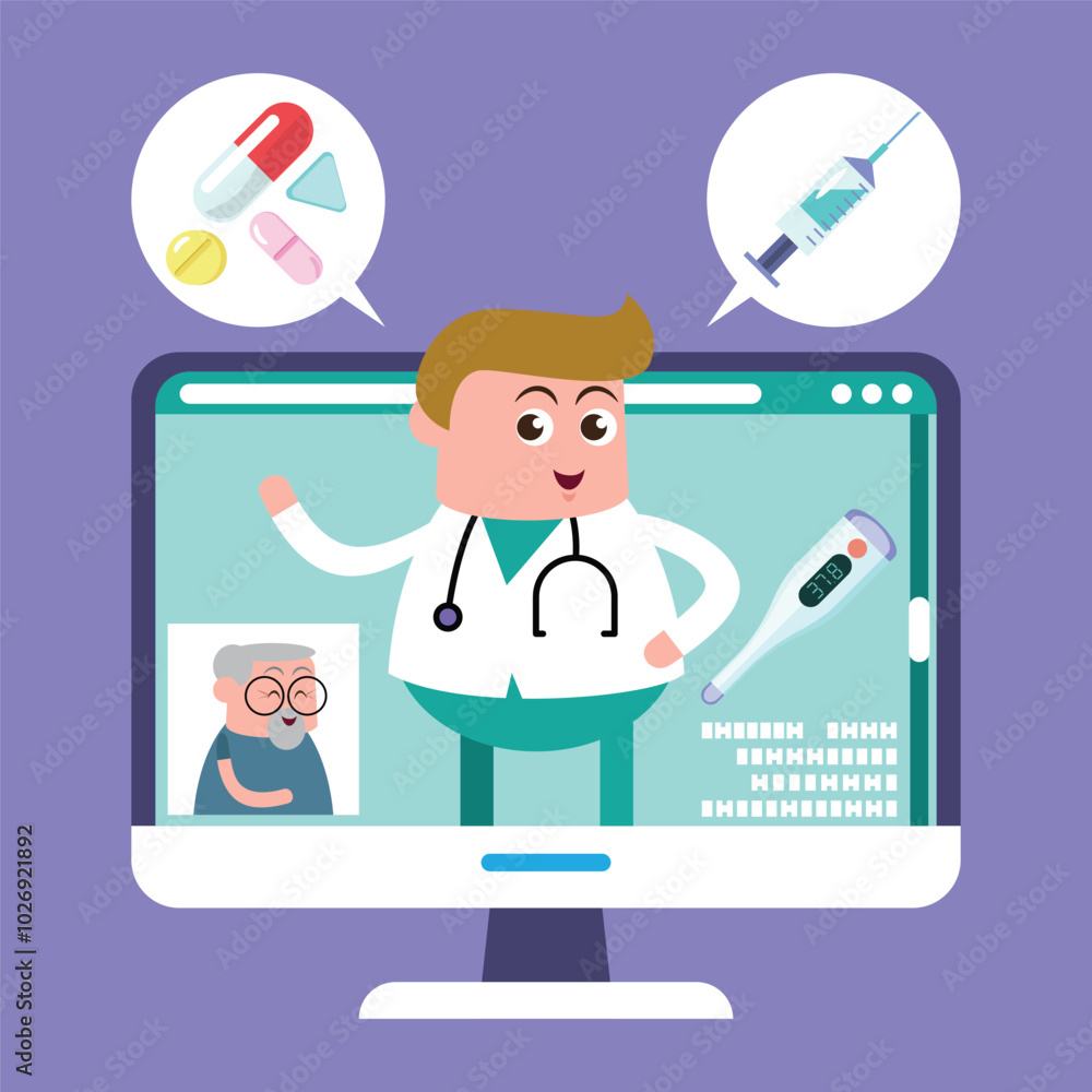 emotion cute vector, illustration flat cartoom character man , nurse and doctor show explain media on line how take care good for healthy.